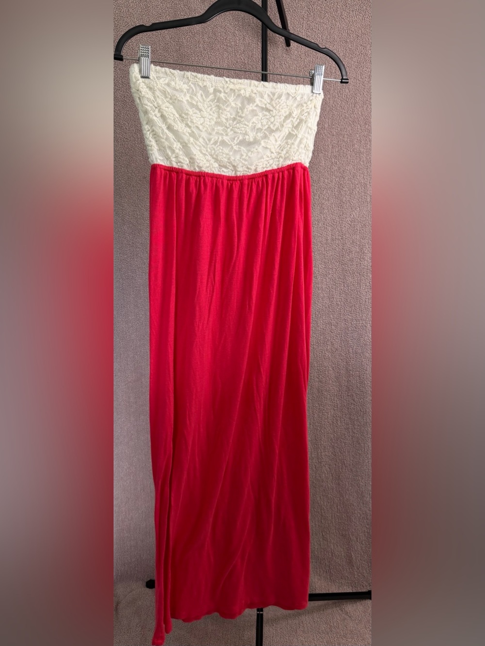 Love Culture L Strapless Lace Colorblock Coral Maxi Dress